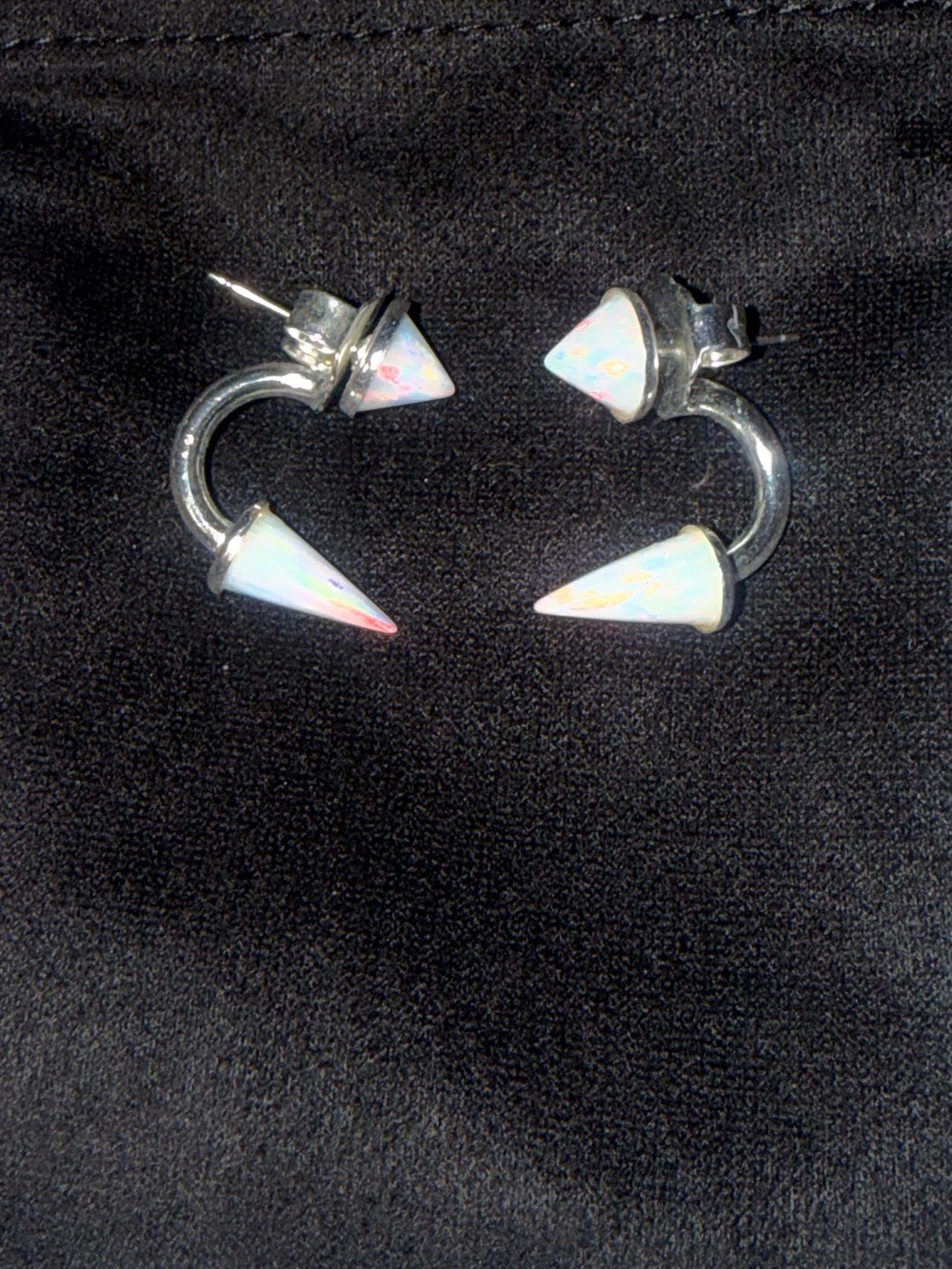 White Opalescent Cone Hoop Earrings with Silver Accents
